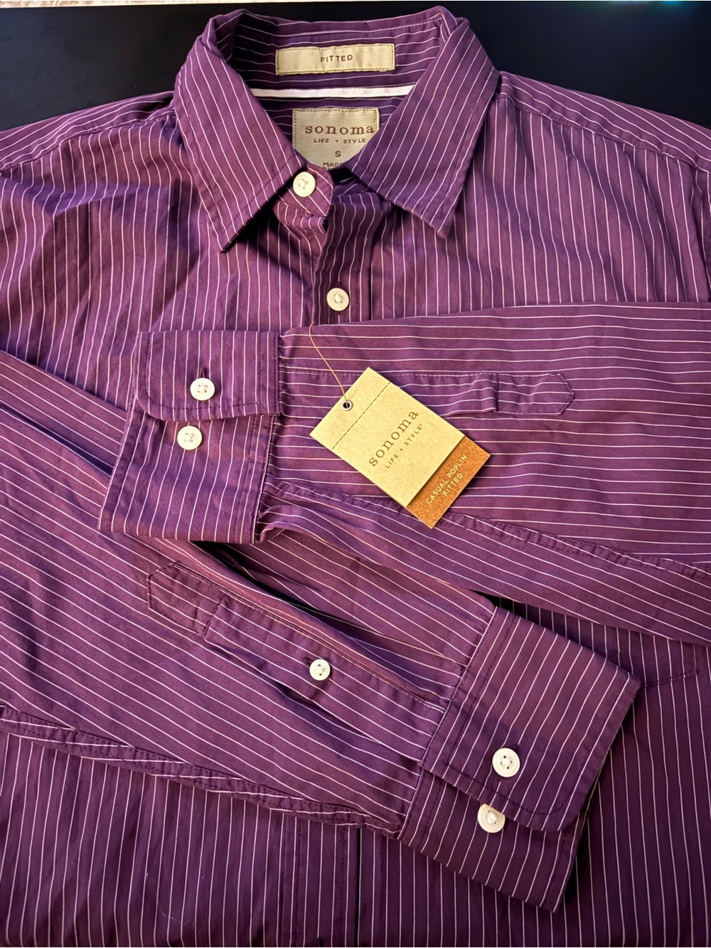 NWT Sonoma Fitted Casual Poplin Shirt Mens Small Purple Stripe 100% Cotton
